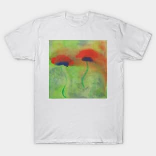 Gouache painting of red poppies on a green meadow T-Shirt